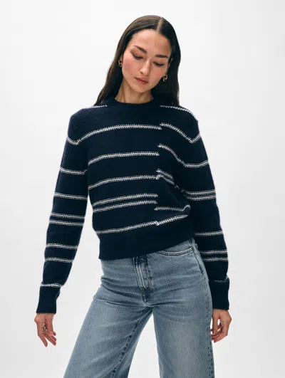 White + Warren Cashmere Broken Stripe Crewneck Top In Deep Navy Blue/soft White