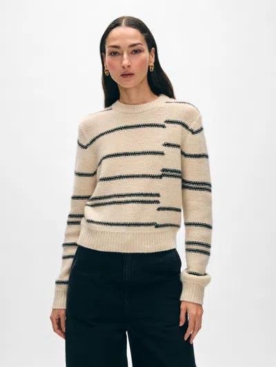 White + Warren Cashmere Broken Stripe Crewneck Top In Natural/black