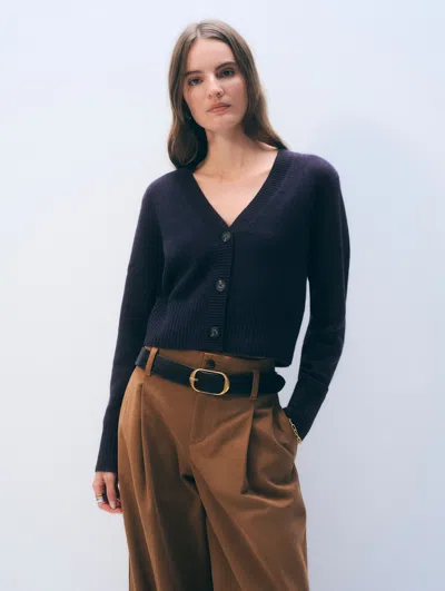 White + Warren Cashmere Button Cardigan Sweater In Deep Navy Blue