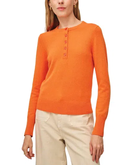 White + Warren Cashmere Button Henley Top In Bright Tangerine In Multi