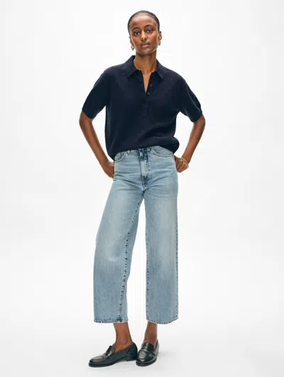 White + Warren Cashmere Button Polo Sweater In Deep Navy Blue
