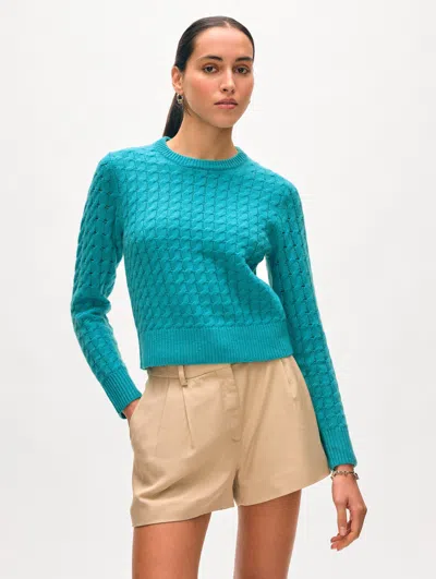 White + Warren Cashmere Cable Crewneck Top In Turquoise Sea