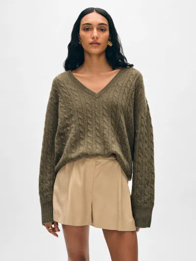 White + Warren Cashmere Cable Knit V Neck Sweater In Loden