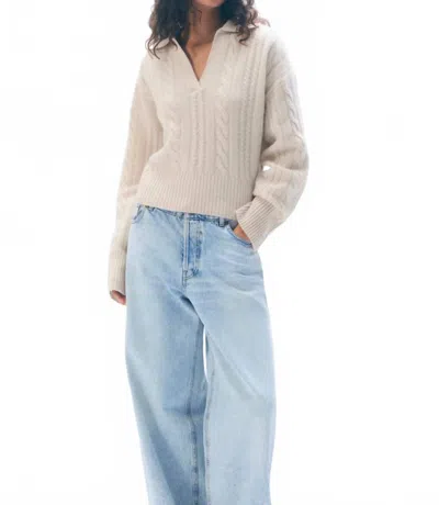 White + Warren Cashmere Cable Longsleeve Polo In Natural Heather In White