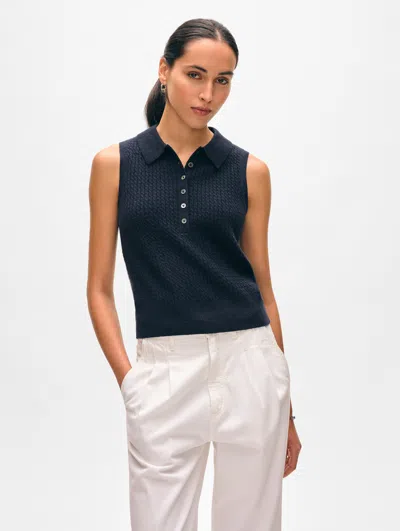 White + Warren Cashmere Cable Sleeveless Polo Sweater In Deep Navy Blue