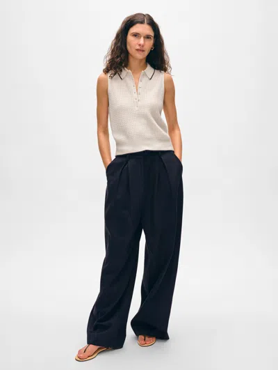 White + Warren Cashmere Cable Sleeveless Polo Sweater In Soft White/deep Navy Blue