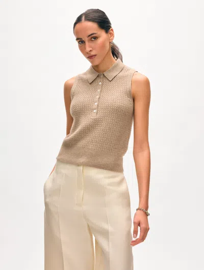 White + Warren Cashmere Cable Sleeveless Polo Sweater In Taupe Heather