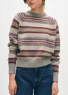White + Warren Cashmere Check Striped Crewneck Sweater In Grey Combo Multi In Multi