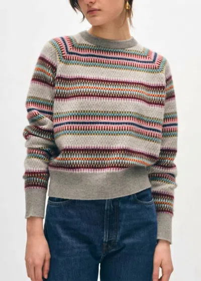 White + Warren Cashmere Check Striped Crewneck Sweater In Grey Combo Multi