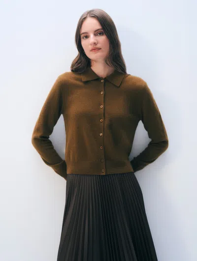 White + Warren Cashmere Collared Cardigan Sweater In Golden Brown
