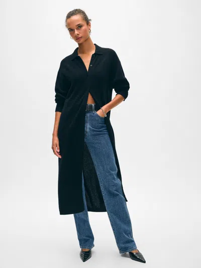 White + Warren Cashmere Collared Duster Cardigan Sweater In Black