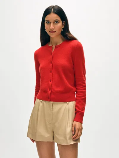 White + Warren Cashmere Crewneck Cardigan Sweater In French Red