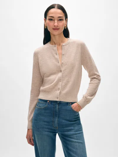 White + Warren Cashmere Crewneck Cardigan Sweater In Sand Wisp Heather