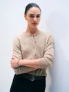 White + Warren Cashmere Crewneck Cardigan Sweater In Taupe Heather In Brown