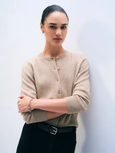 White + Warren Cashmere Crewneck Cardigan Sweater In Taupe Heather In Brown
