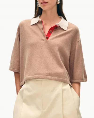 White + Warren Cashmere Cropped Polo Shirt In True Camel Combo