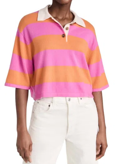 White + Warren Cashmere Cropped Striped Polo Top In Fondant Pink/bright Tangerine In Multi