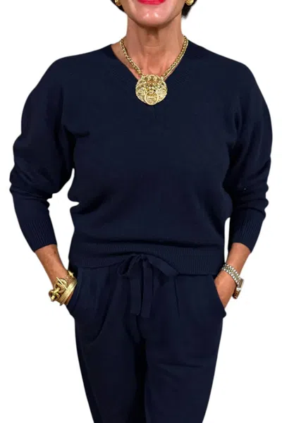 White + Warren Cashmere Easy Vee Top In Navy In Blue