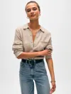 White + Warren Cashmere Embroidered Trim Button Down Shirt Sweater In Sandwisp/soft White