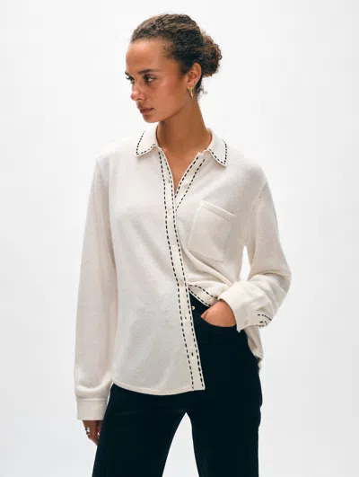 White + Warren Cashmere Embroidered Trim Button Down Shirt Sweater In Soft White/black