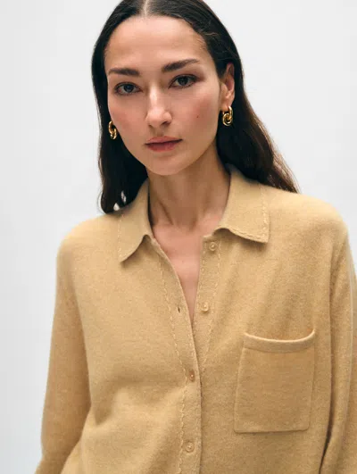 White + Warren Cashmere Embroidered Trim Button Down Shirt Sweater In Vintage Gold