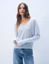 White + Warren Cashmere Featherweight V Neck Sweater In Pale Mist In Blue