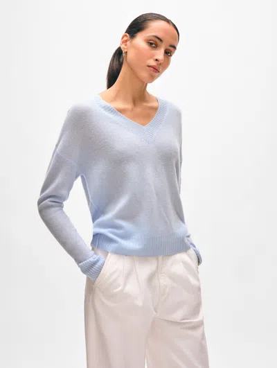 White + Warren Cashmere Featherweight V Neck Sweater In Pale Blue Mist