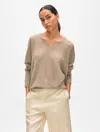 White + Warren Cashmere Featherweight V Neck Sweater In Taupe Heather