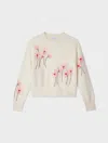 WHITE + WARREN CASHMERE FLORAL EMBROIDERY CREWNECK SWEATER IN SOFT WHITE COMBO