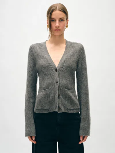 White + Warren Cashmere Fluted Sleeve Cardigan Sweater In Graphite Heather