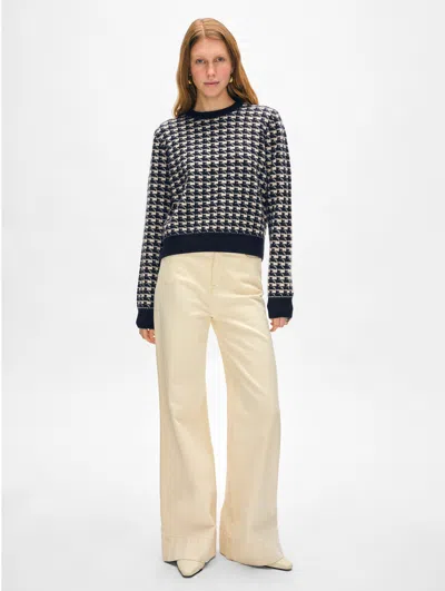 White + Warren Cashmere Gingham Crewneck Top In Deep Navy Blue/natural