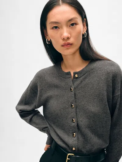 White + Warren Cashmere Gold Button Cardigan Sweater In Graphite Heather