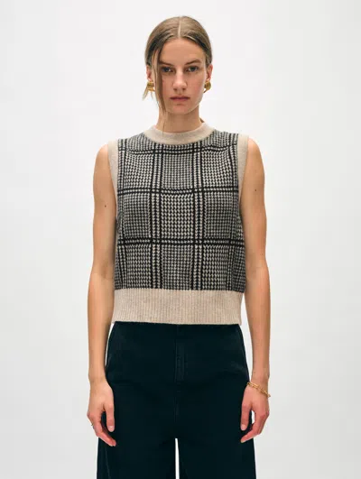 White + Warren Cashmere Houndstooth Shell Sweater In Sandwisp/black