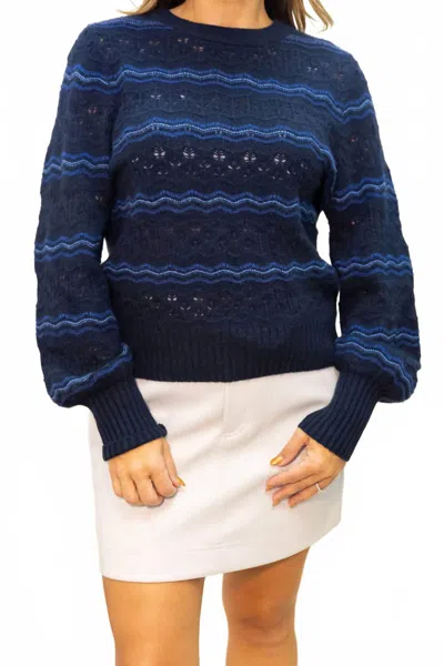 White + Warren Cashmere Lace Stitch Sweater In Blue Combo In Animal Print
