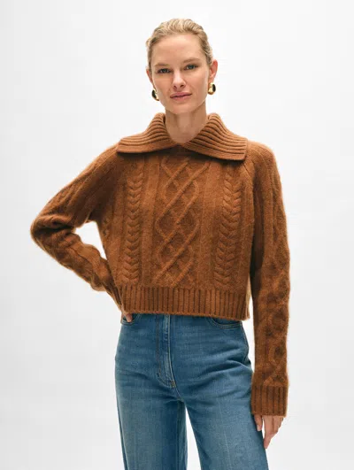 White + Warren Cashmere Luxe Cable Collar Crewneck Top In Cedar Brown