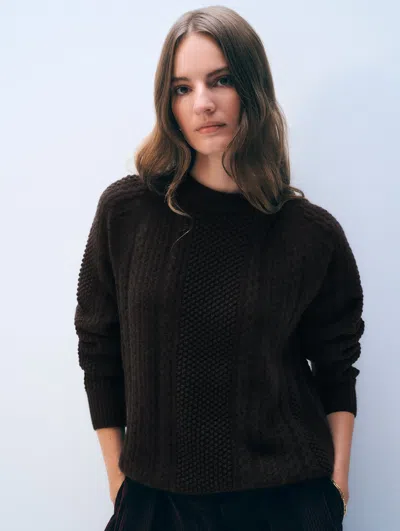 White + Warren Cashmere Luxe Cable Crewneck Top In Dark Umber In Brown