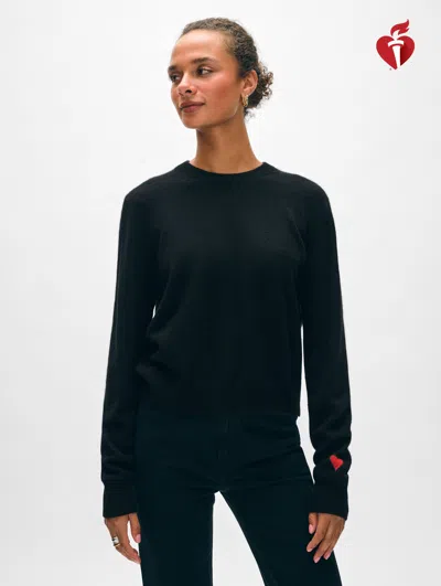 White + Warren Cashmere Mini Heart Sleeve Crewneck Top In Black/desert Red