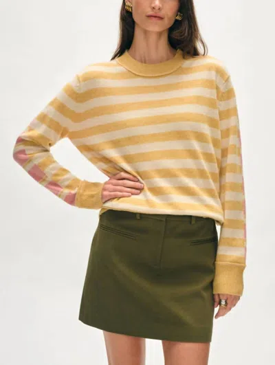 White + Warren Cashmere Mixed Striped Crew Sweater In Gold