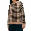 White + Warren Cashmere Plaid Crewneck Sweater In Camel/black In Brown