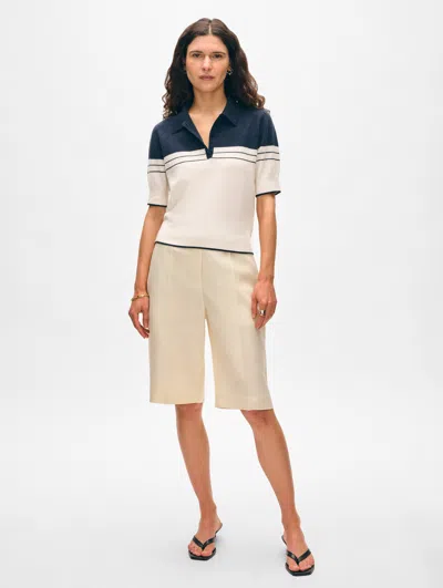 White + Warren Cashmere Polo Top In Cream/deep Navy Blue