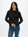 White + Warren Cashmere Rib Trim Crewneck Top In Black In Black