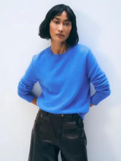 White + Warren Cashmere Rib Trim Crewneck Top In Blue Canvas