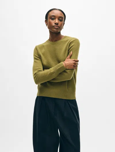 White + Warren Cashmere Rib Trim Crewneck Top In Bright Olive In Green