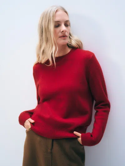 White + Warren Cashmere Rib Trim Crewneck Top In Crimson In Red