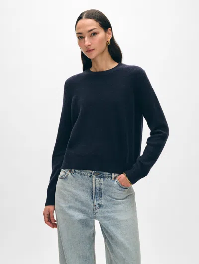 White + Warren Cashmere Rib Trim Crewneck Top In Deep Navy Blue