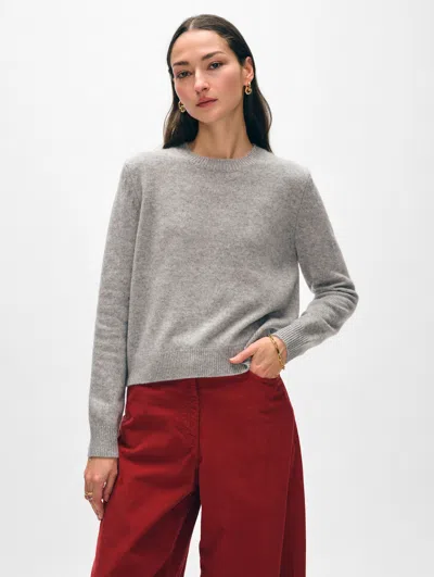 White + Warren Cashmere Rib Trim Crewneck Top In Grey Heather