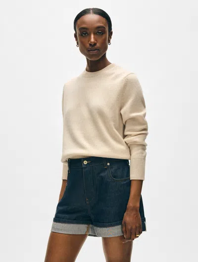 White + Warren Cashmere Rib Trim Crewneck Top In Natural Heather In Gray