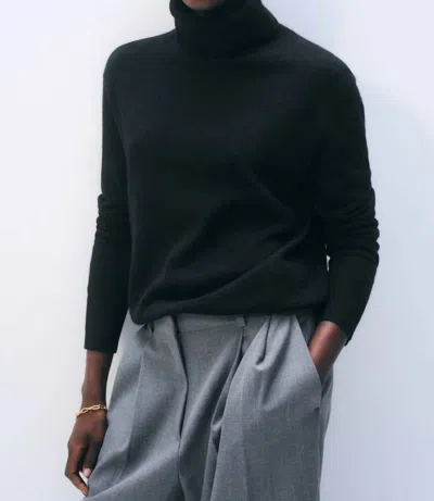 White + Warren Cashmere Rib Trim Easy Turtleneck Sweater In Black