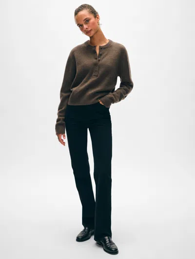 White + Warren Cashmere Rib Trim Henley Sweater In Deep Moss
