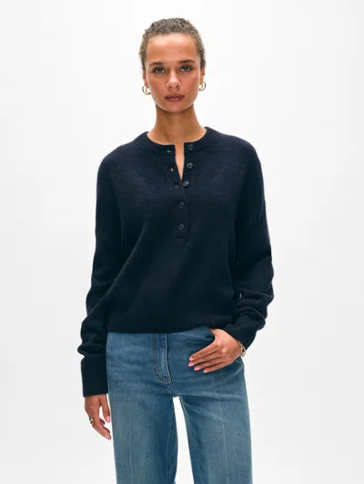 White + Warren Cashmere Rib Trim Henley Sweater In Deep Navy Blue